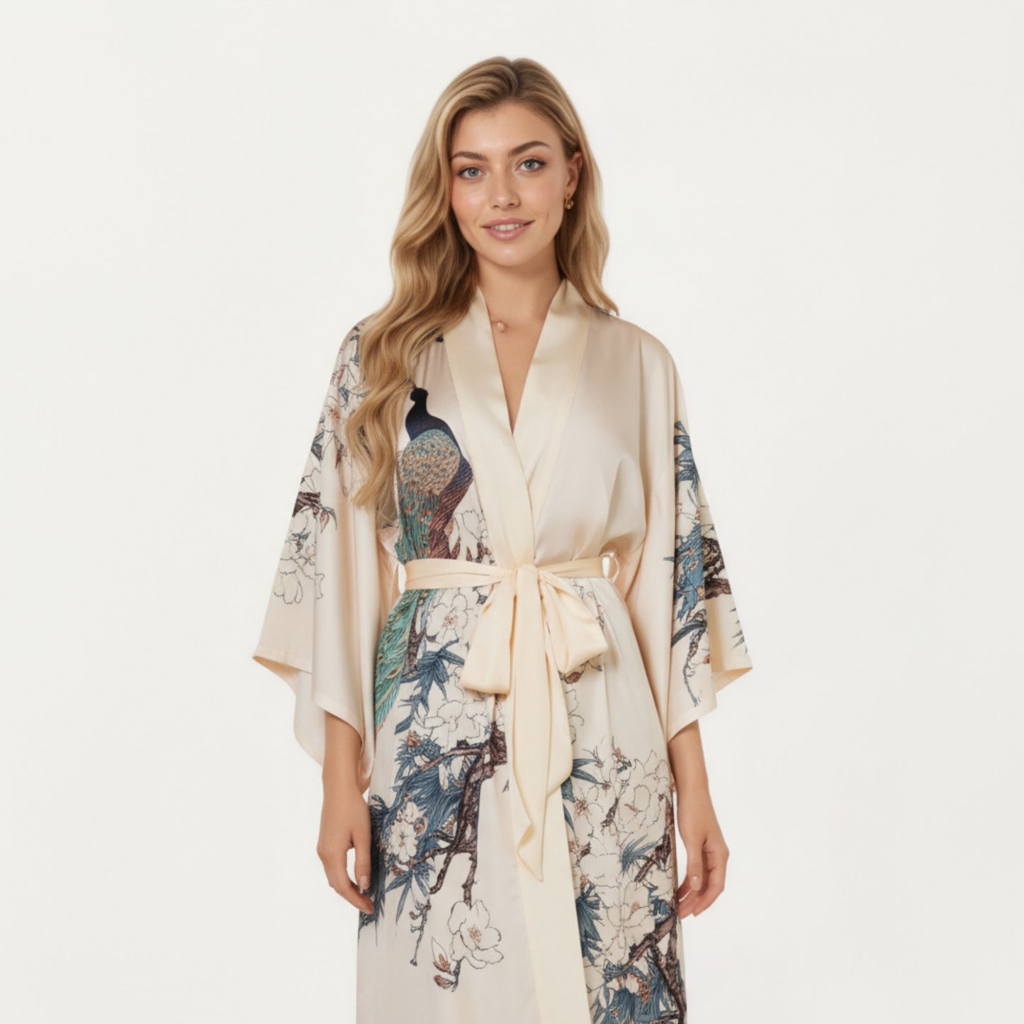 Long Satin Kimono Robe with Tie Waist and Artistic Floral Print