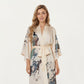 Long Satin Kimono Robe with Tie Waist and Artistic Floral Print