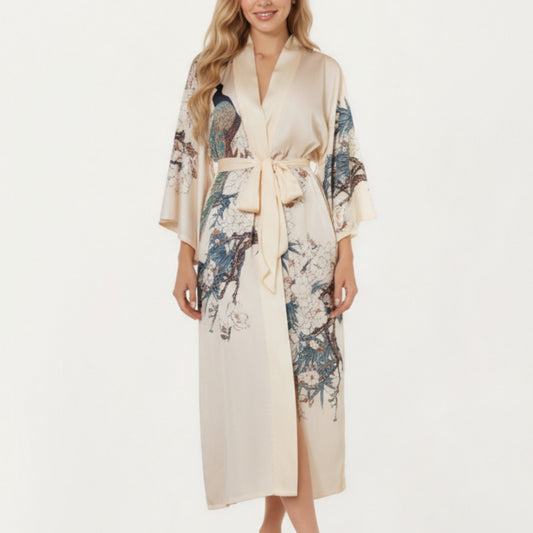 Long Satin Kimono Robe with Tie Waist and Artistic Floral Print