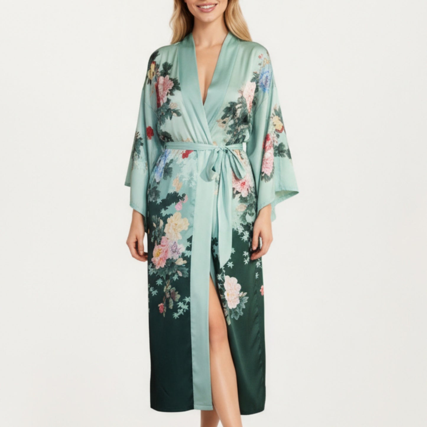 Long Satin Kimono Robe with Tie Waist and Artistic Floral Print