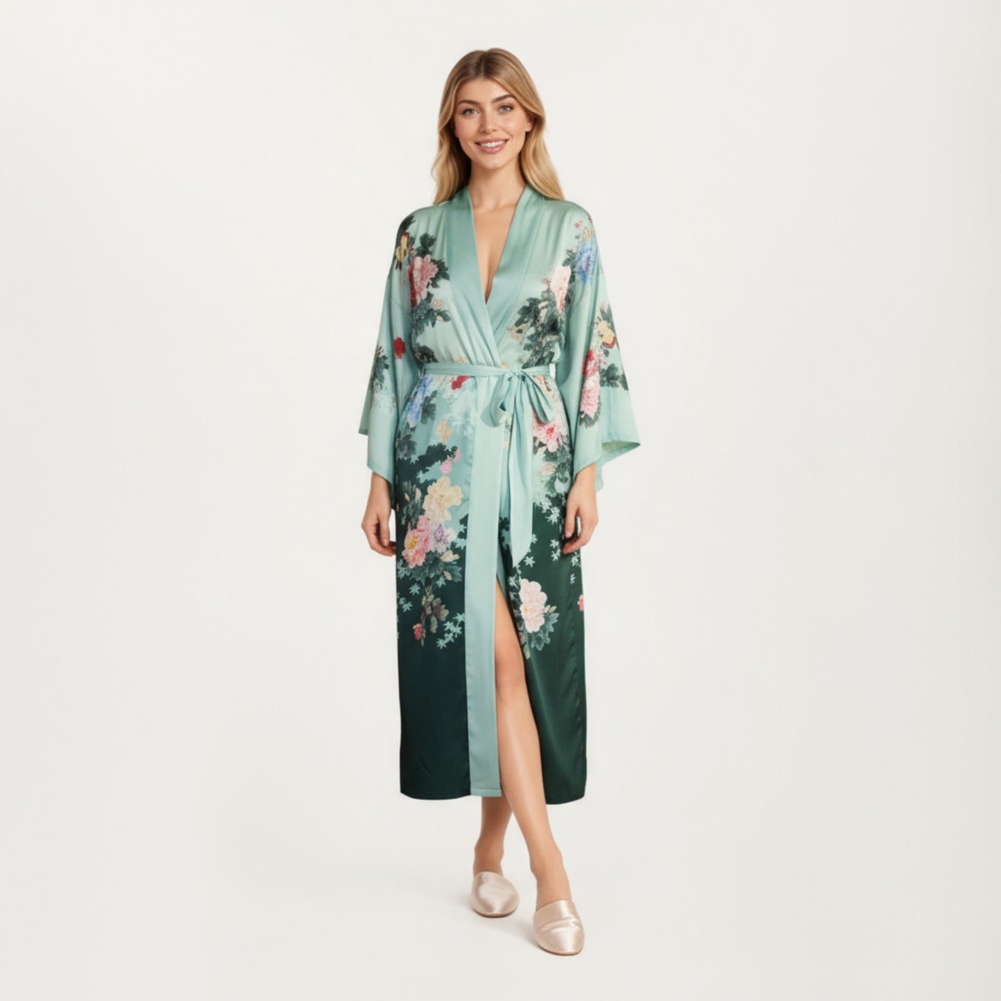 Long Satin Kimono Robe with Tie Waist and Artistic Floral Print