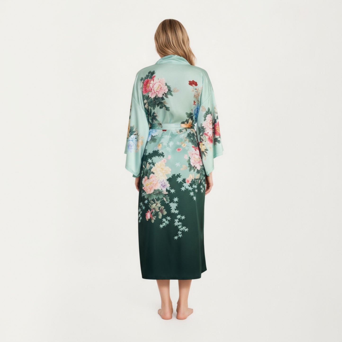Long Satin Kimono Robe with Tie Waist and Artistic Floral Print