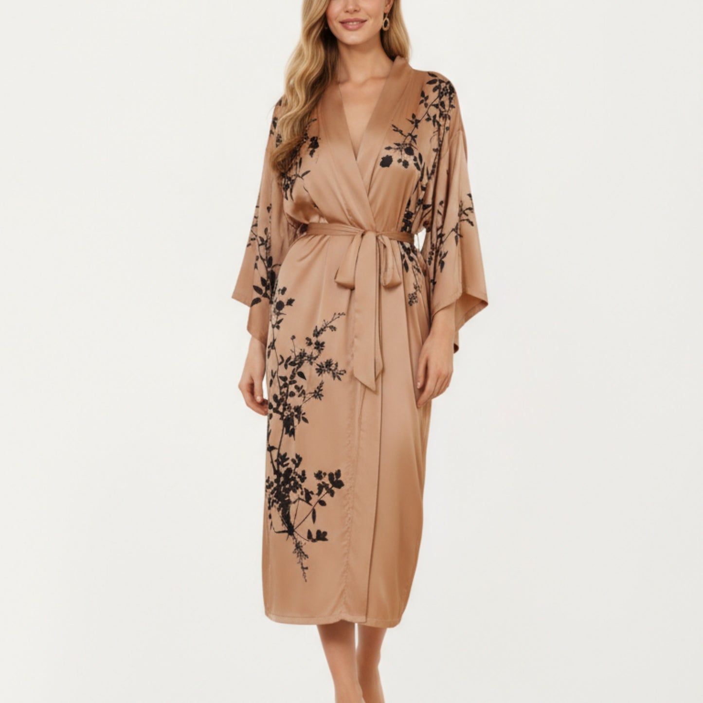 Long Satin Kimono Robe with Tie Waist and Artistic Floral Print