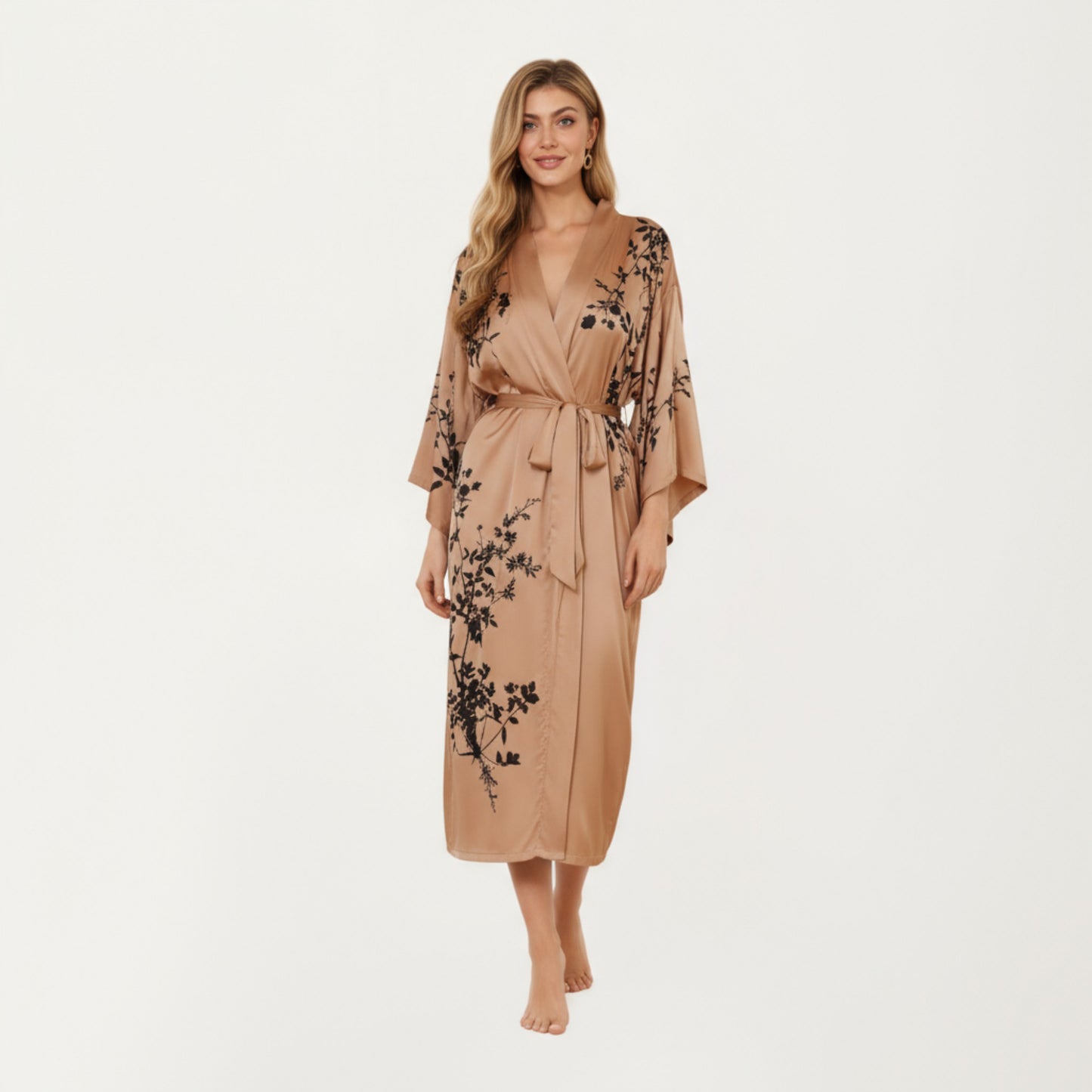 Long Satin Kimono Robe with Tie Waist and Artistic Floral Print