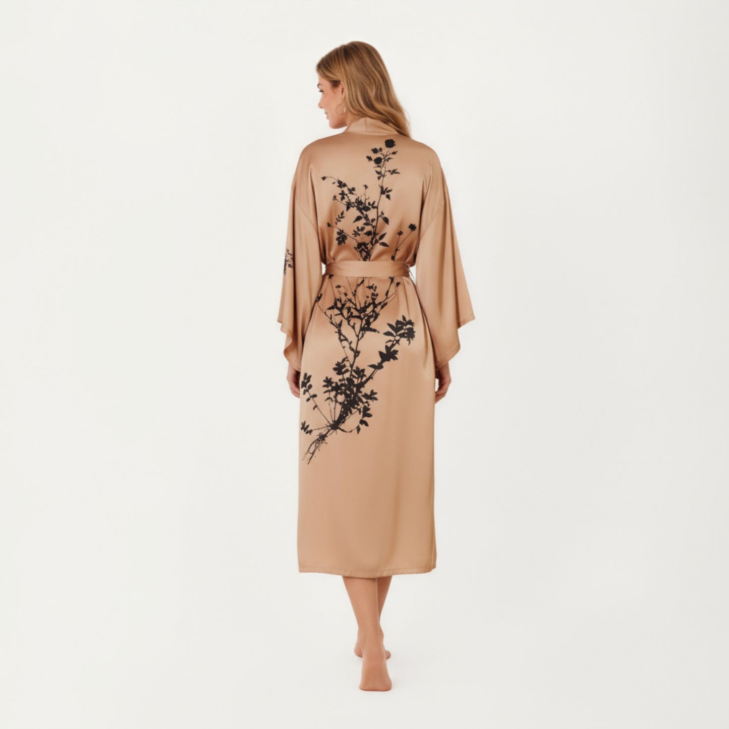 Long Satin Kimono Robe with Tie Waist and Artistic Floral Print