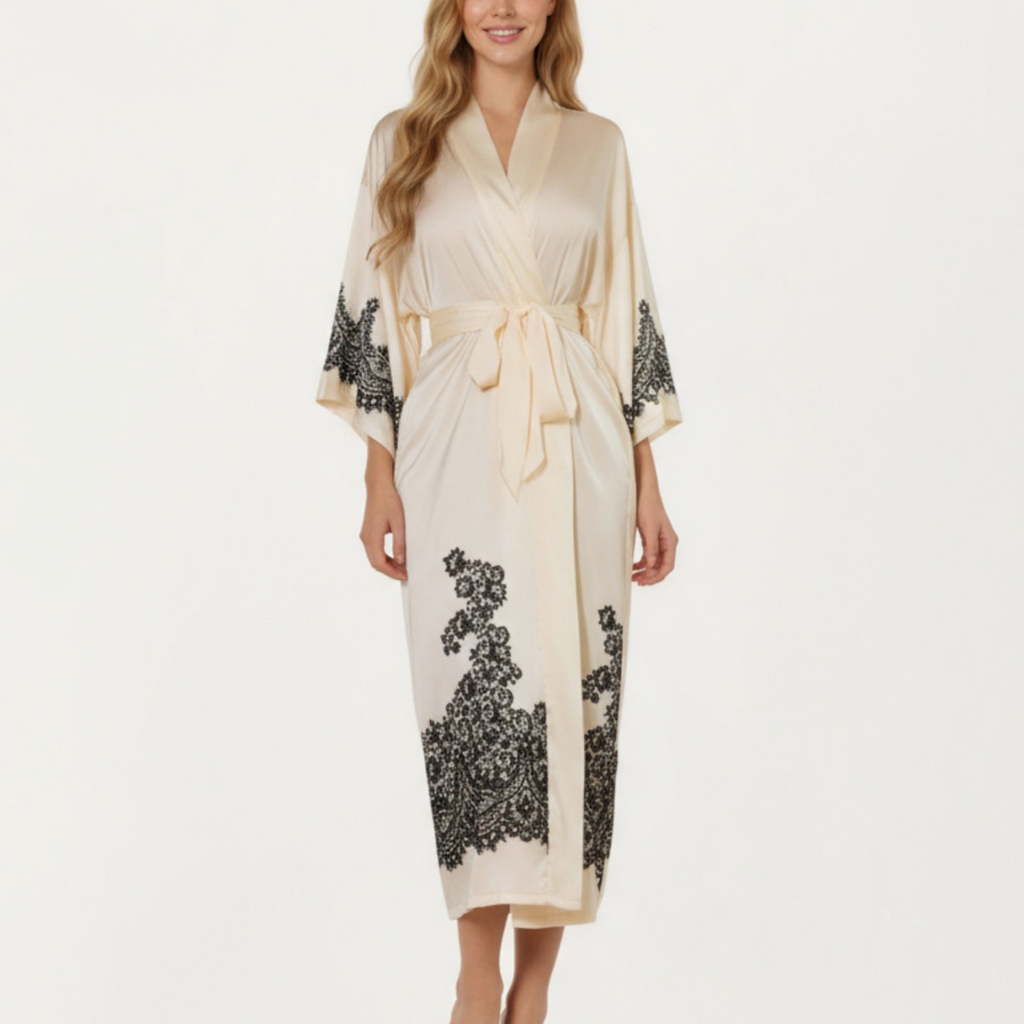 Long Satin Kimono Robe with Tie Waist and Artistic Floral Print