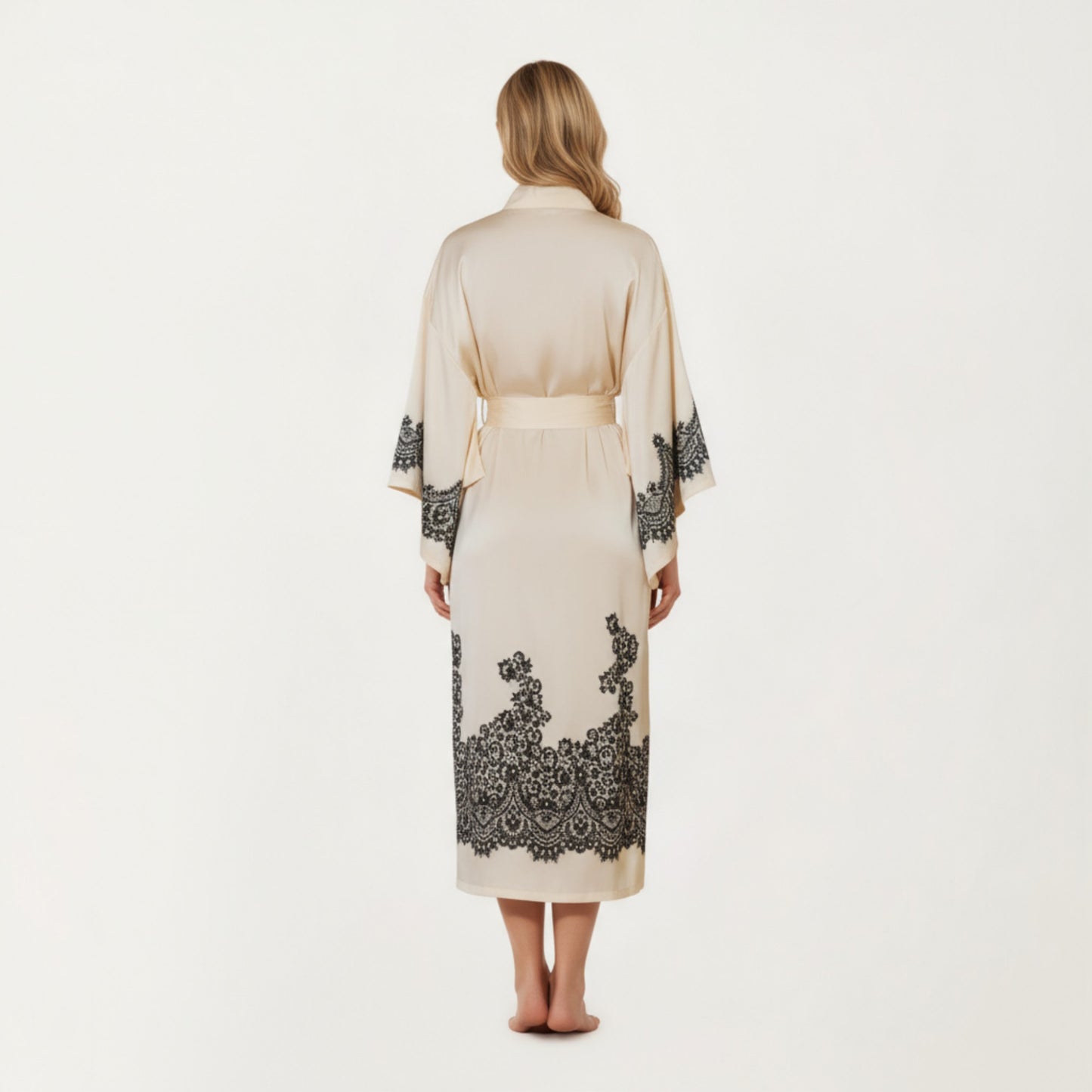 Long Satin Kimono Robe with Tie Waist and Artistic Floral Print