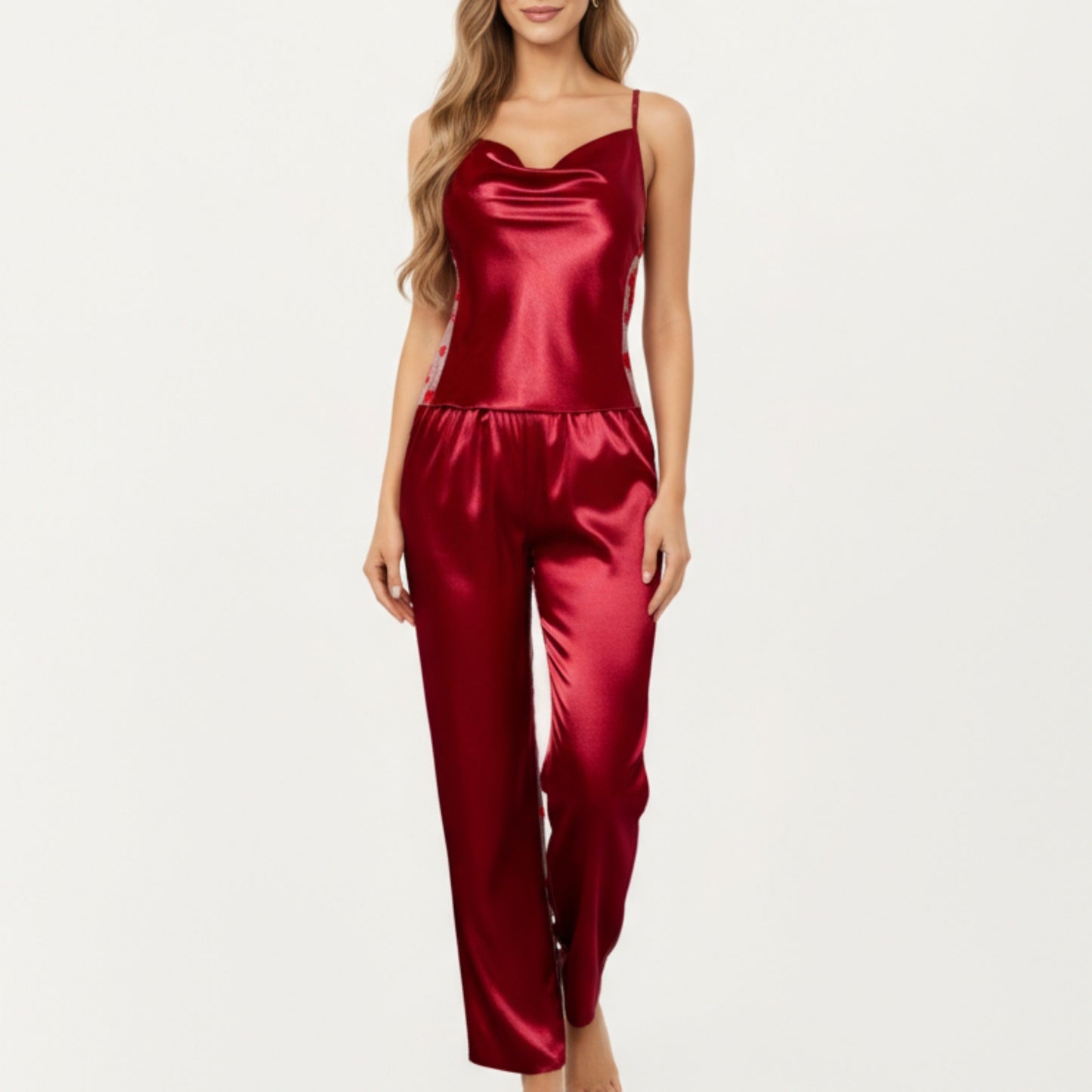 2-Piece Set Satin Cowl Neck Camisole Top with Adjustable Straps and Straight-Leg Pants