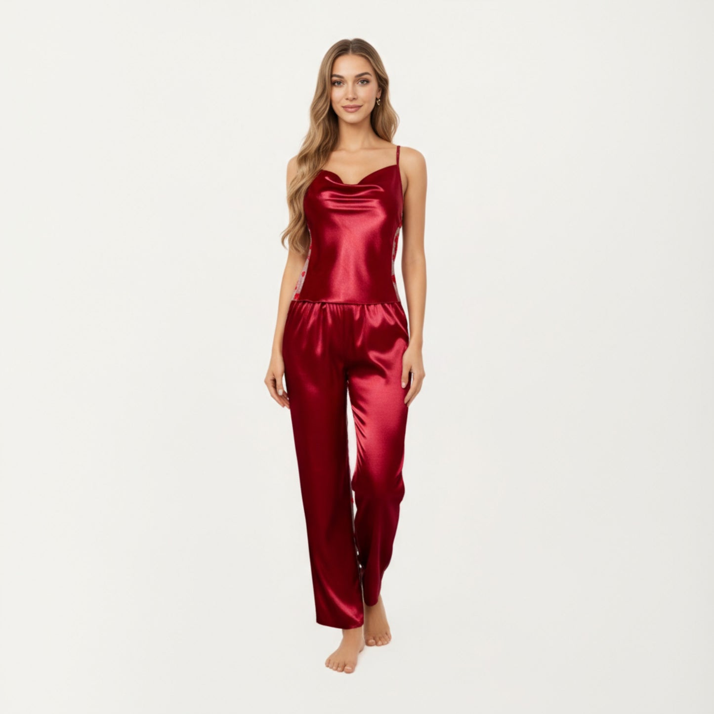 2-Piece Set Satin Cowl Neck Camisole Top with Adjustable Straps and Straight-Leg Pants