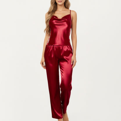 2-Piece Set Satin Cowl Neck Camisole Top with Adjustable Straps and Straight-Leg Pants