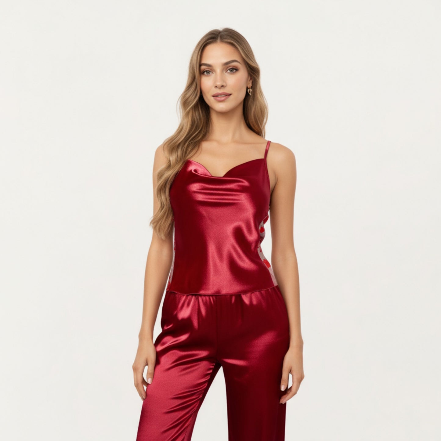 2-Piece Set Satin Cowl Neck Camisole Top with Adjustable Straps and Straight-Leg Pants
