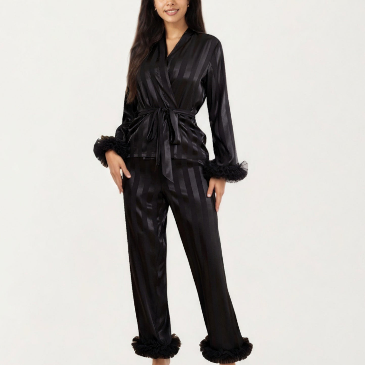 2-Piece Set Satin Wrap Top with Feather Trim Cuffs and Matching Straight-Leg Pants