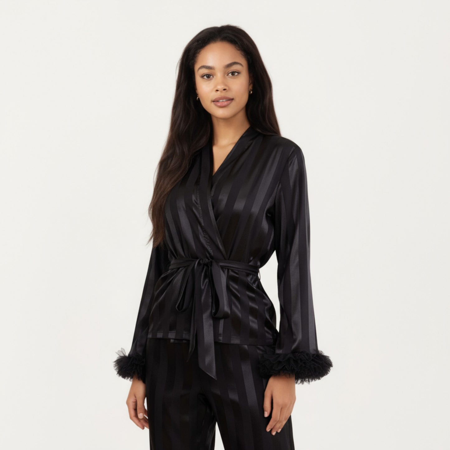 2-Piece Set Satin Wrap Top with Feather Trim Cuffs and Matching Straight-Leg Pants