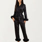 2-Piece Set Satin Wrap Top with Feather Trim Cuffs and Matching Straight-Leg Pants