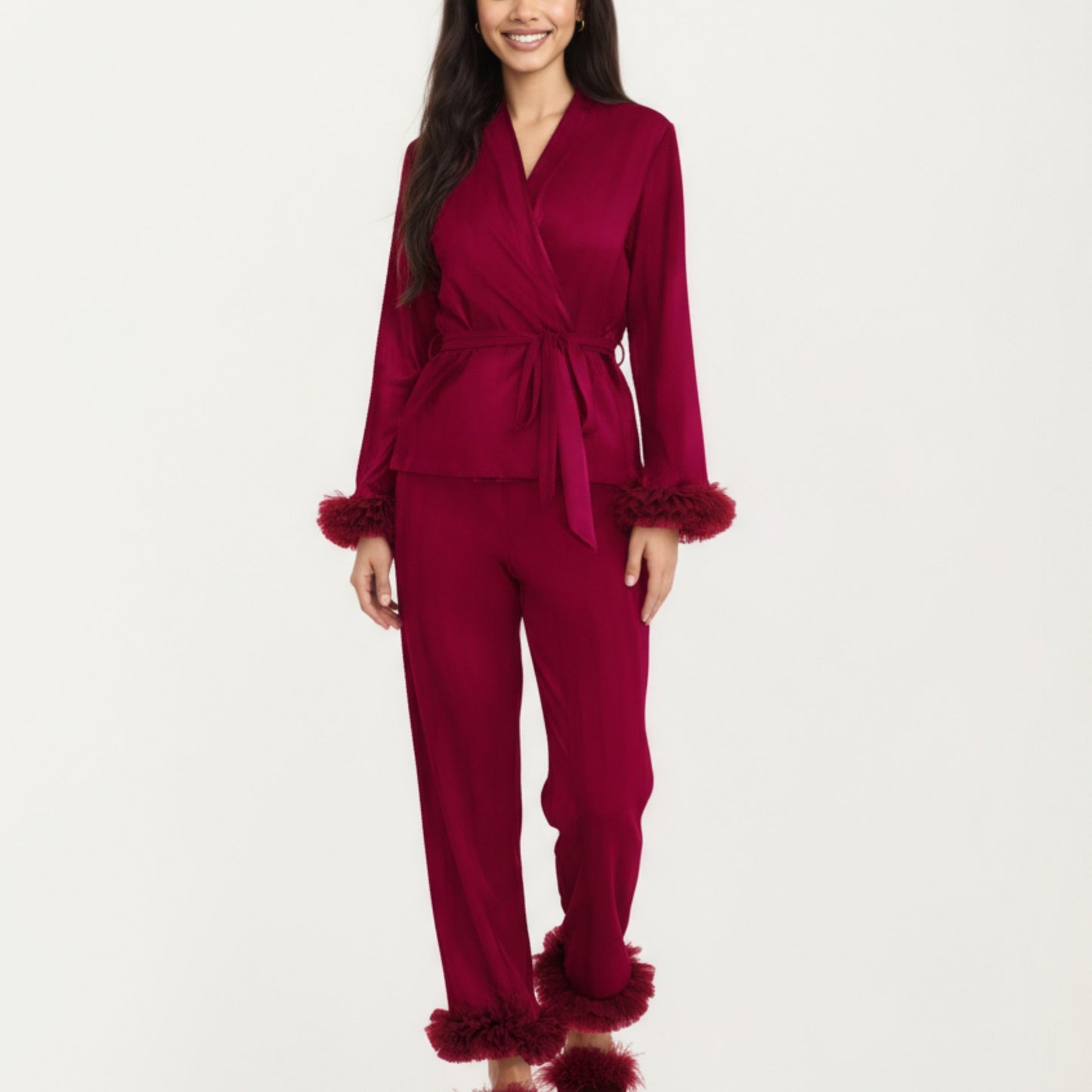 2-Piece Set Satin Wrap Top with Feather Trim Cuffs and Matching Straight-Leg Pants