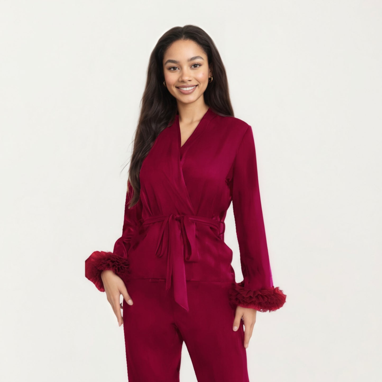2-Piece Set Satin Wrap Top with Feather Trim Cuffs and Matching Straight-Leg Pants