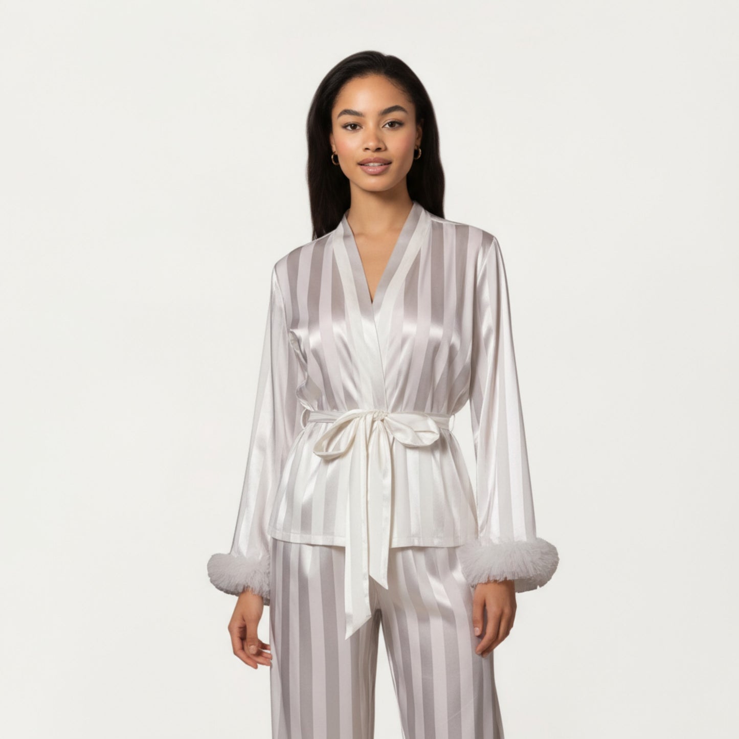 2-Piece Set Satin Wrap Top with Feather Trim Cuffs and Matching Straight-Leg Pants