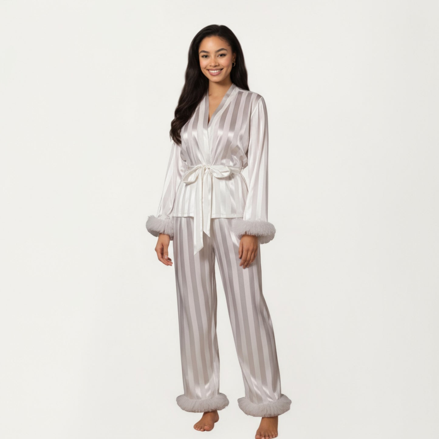 2-Piece Set Satin Wrap Top with Feather Trim Cuffs and Matching Straight-Leg Pants