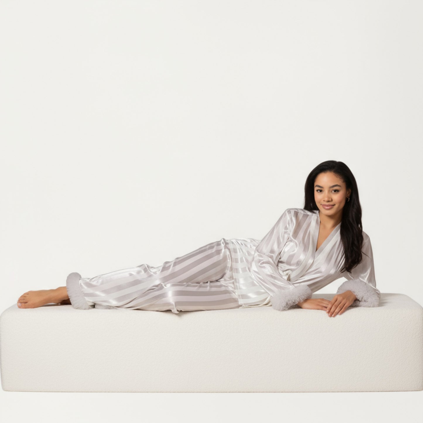 2-Piece Set Satin Wrap Top with Feather Trim Cuffs and Matching Straight-Leg Pants