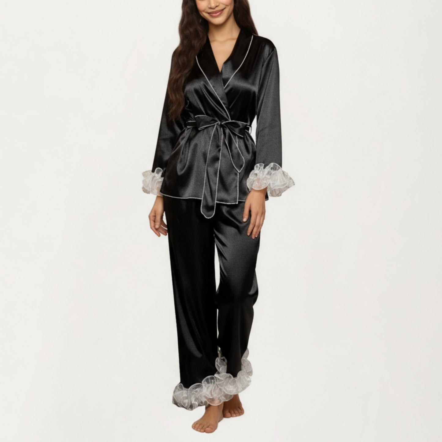 2-Piece Set Satin Wrap Top with Sheer Ruffle Trim and Matching Straight-Leg Pants