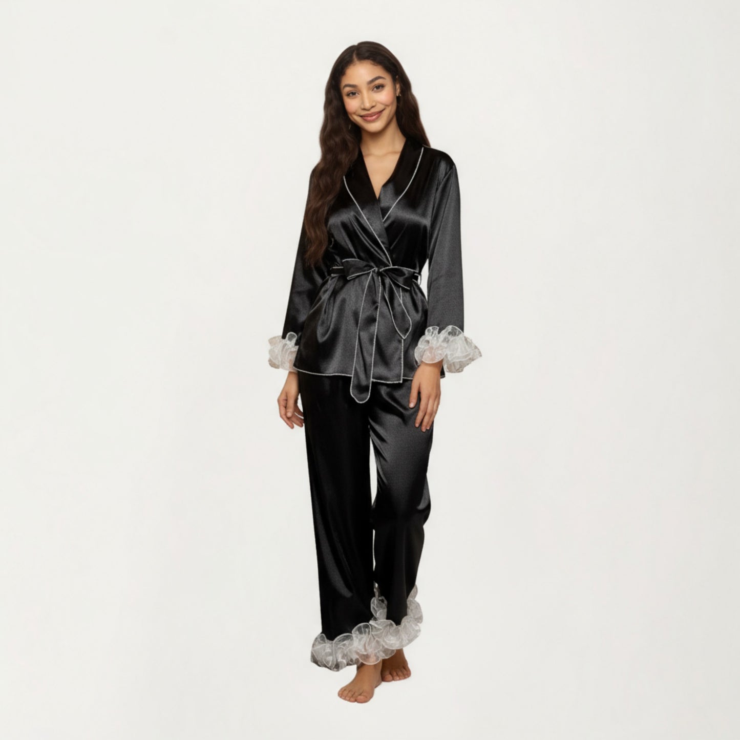 2-Piece Set Satin Wrap Top with Sheer Ruffle Trim and Matching Straight-Leg Pants