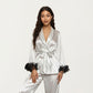 2-Piece Set Satin Wrap Top with Sheer Ruffle Trim and Matching Straight-Leg Pants