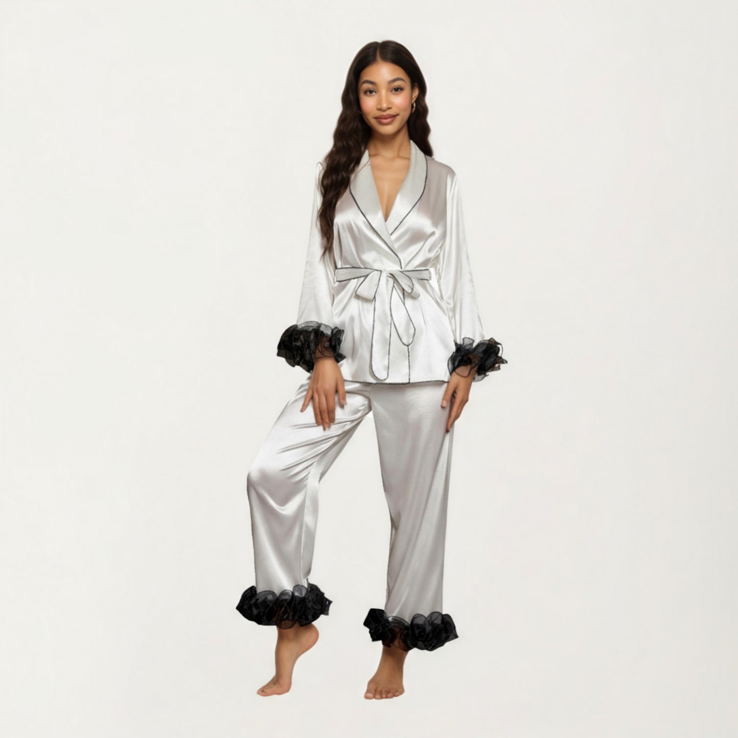 2-Piece Set Satin Wrap Top with Sheer Ruffle Trim and Matching Straight-Leg Pants