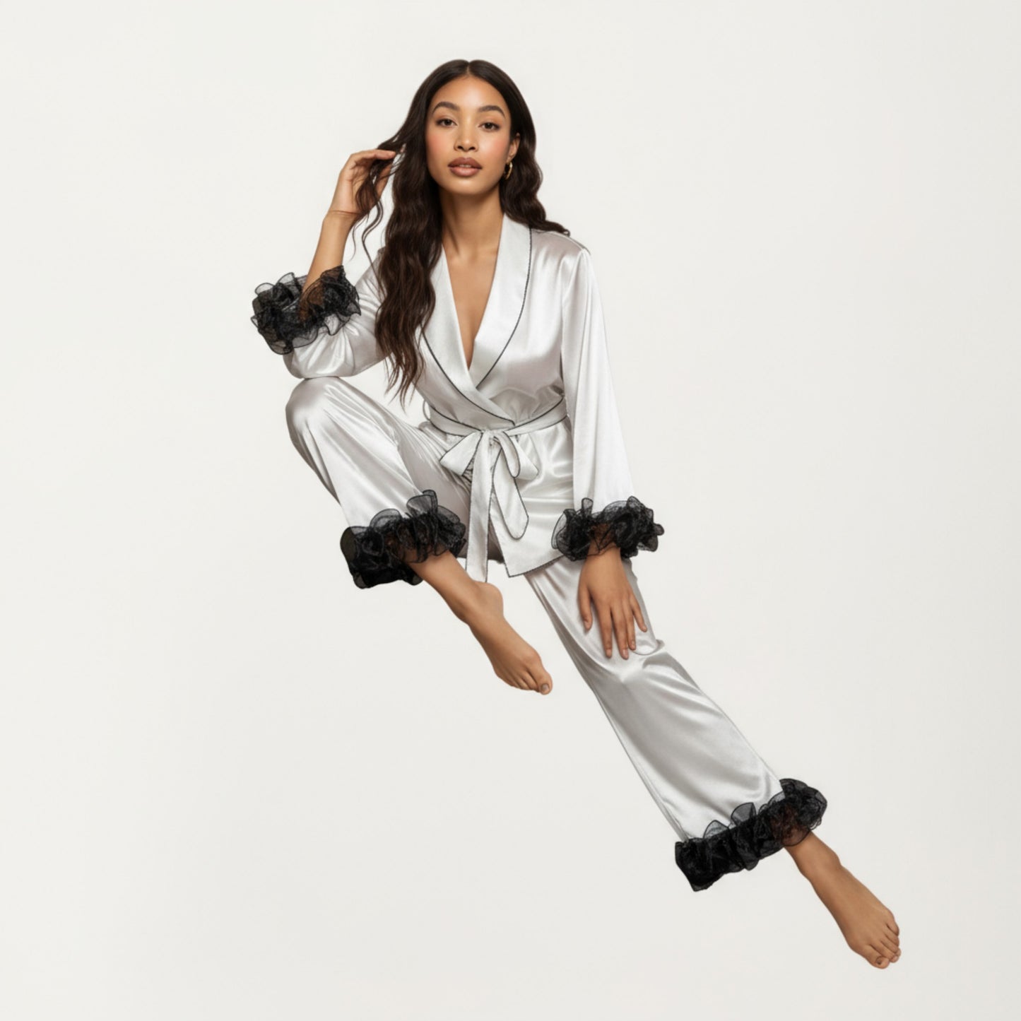 2-Piece Set Satin Wrap Top with Sheer Ruffle Trim and Matching Straight-Leg Pants