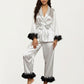 2-Piece Set Satin Wrap Top with Sheer Ruffle Trim and Matching Straight-Leg Pants