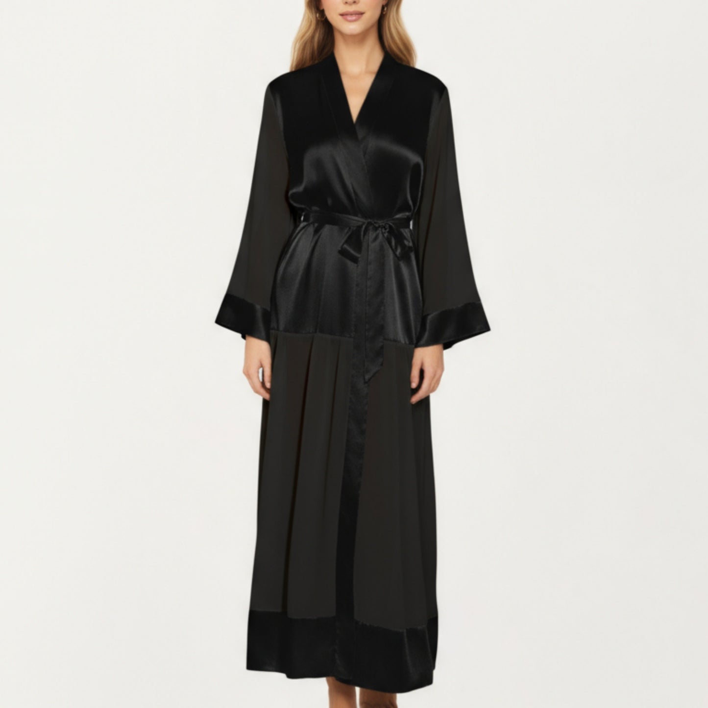 Long Satin Robe with Tie Waist Belt and Wide Cuff Sleeves