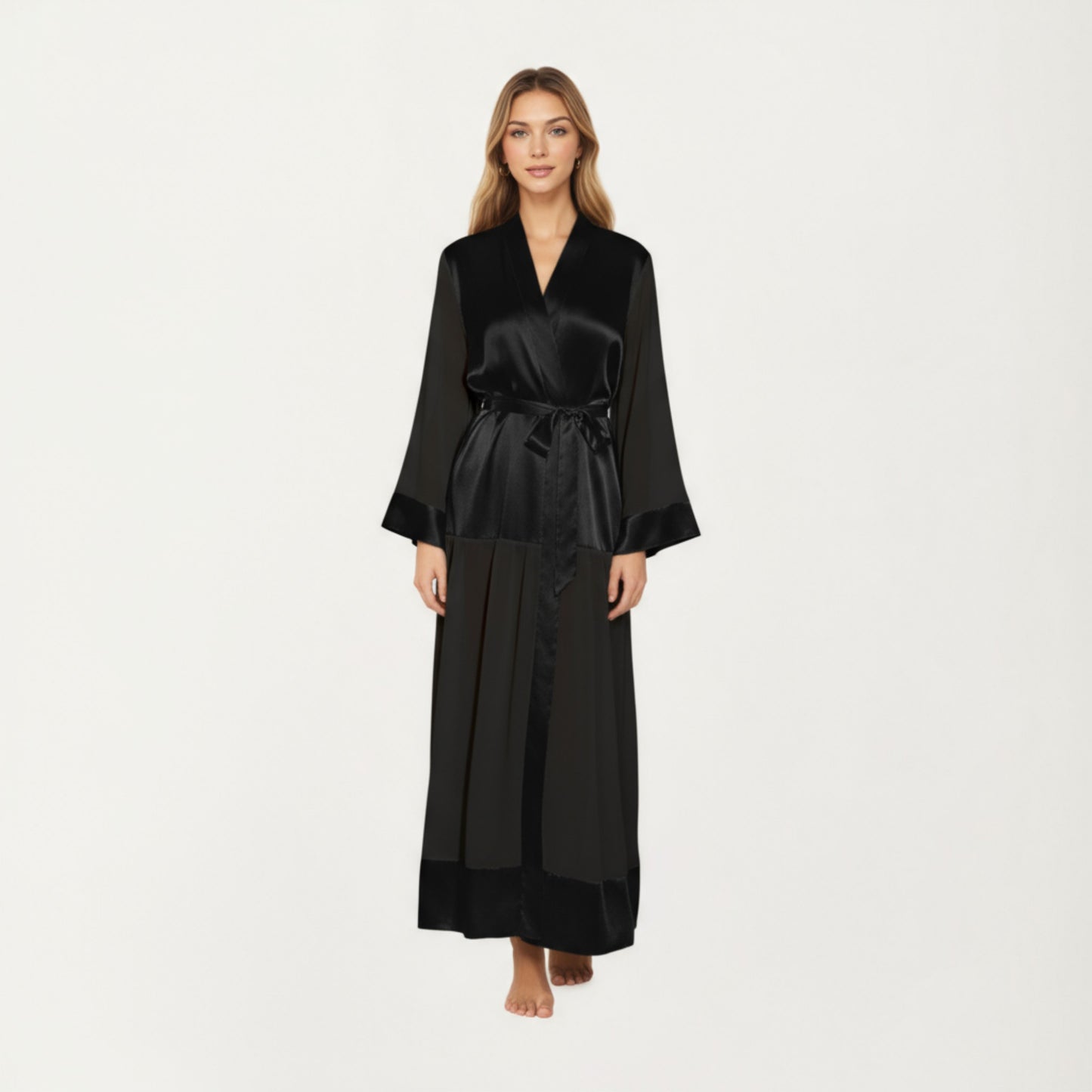 Long Satin Robe with Tie Waist Belt and Wide Cuff Sleeves