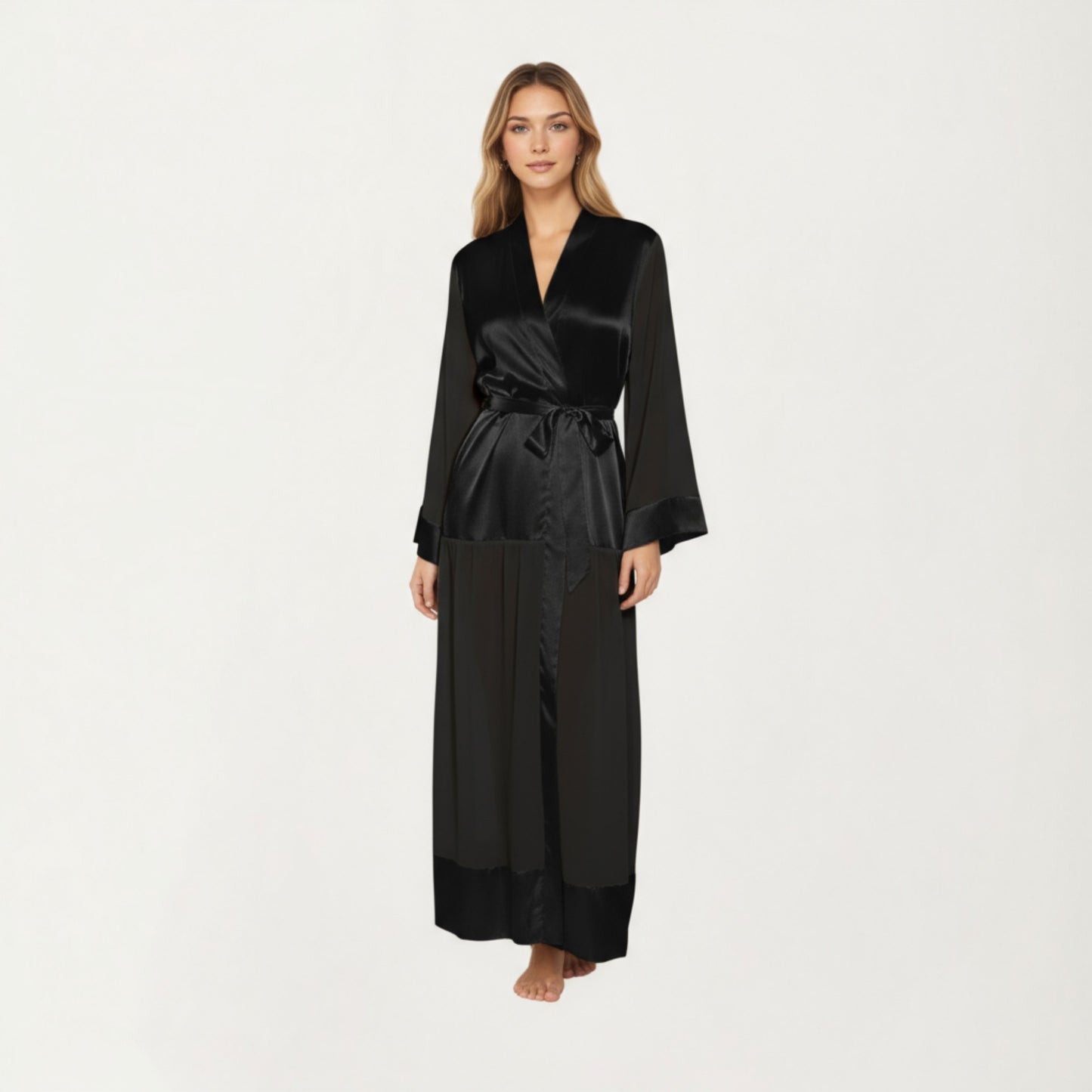 Long Satin Robe with Tie Waist Belt and Wide Cuff Sleeves