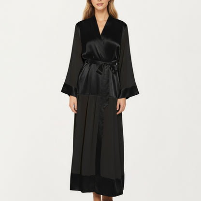 Long Satin Robe with Tie Waist Belt and Wide Cuff Sleeves