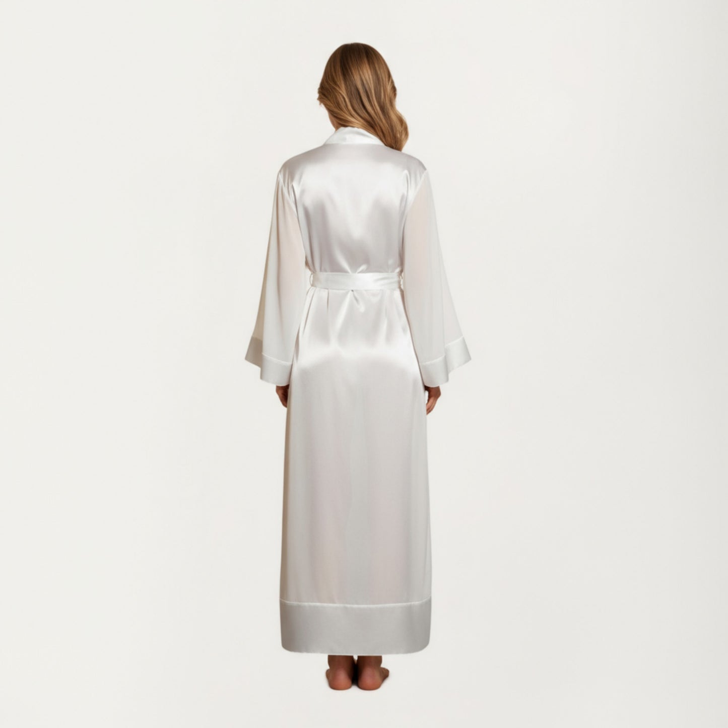 Long Satin Robe with Tie Waist Belt and Wide Cuff Sleeves