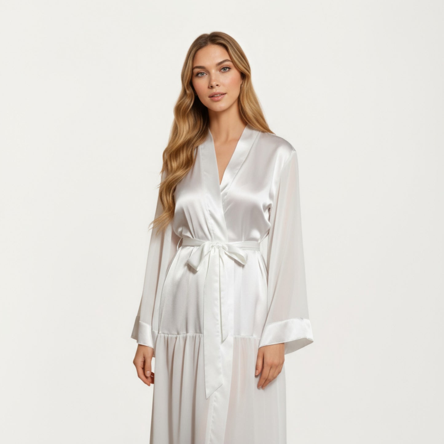Long Satin Robe with Tie Waist Belt and Wide Cuff Sleeves