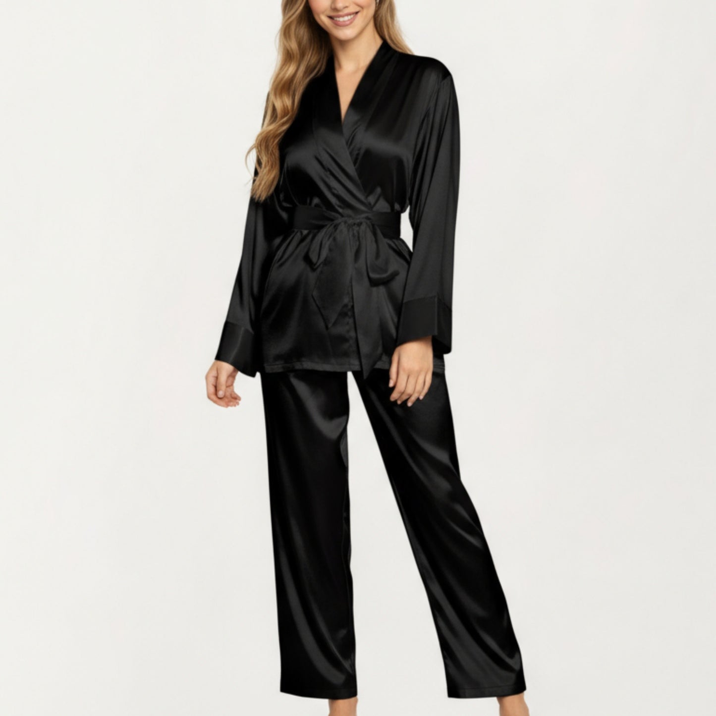 2-Piece Set Satin Wrap Top with Tie Waist and Matching Straight-Leg Pants