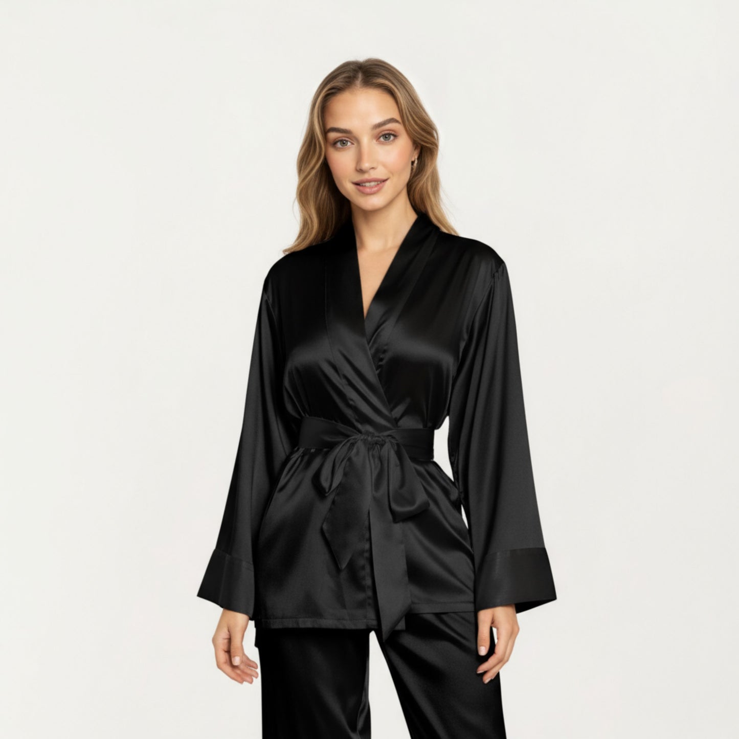 2-Piece Set Satin Wrap Top with Tie Waist and Matching Straight-Leg Pants