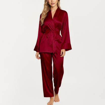 2-Piece Set Satin Wrap Top with Tie Waist and Matching Straight-Leg Pants
