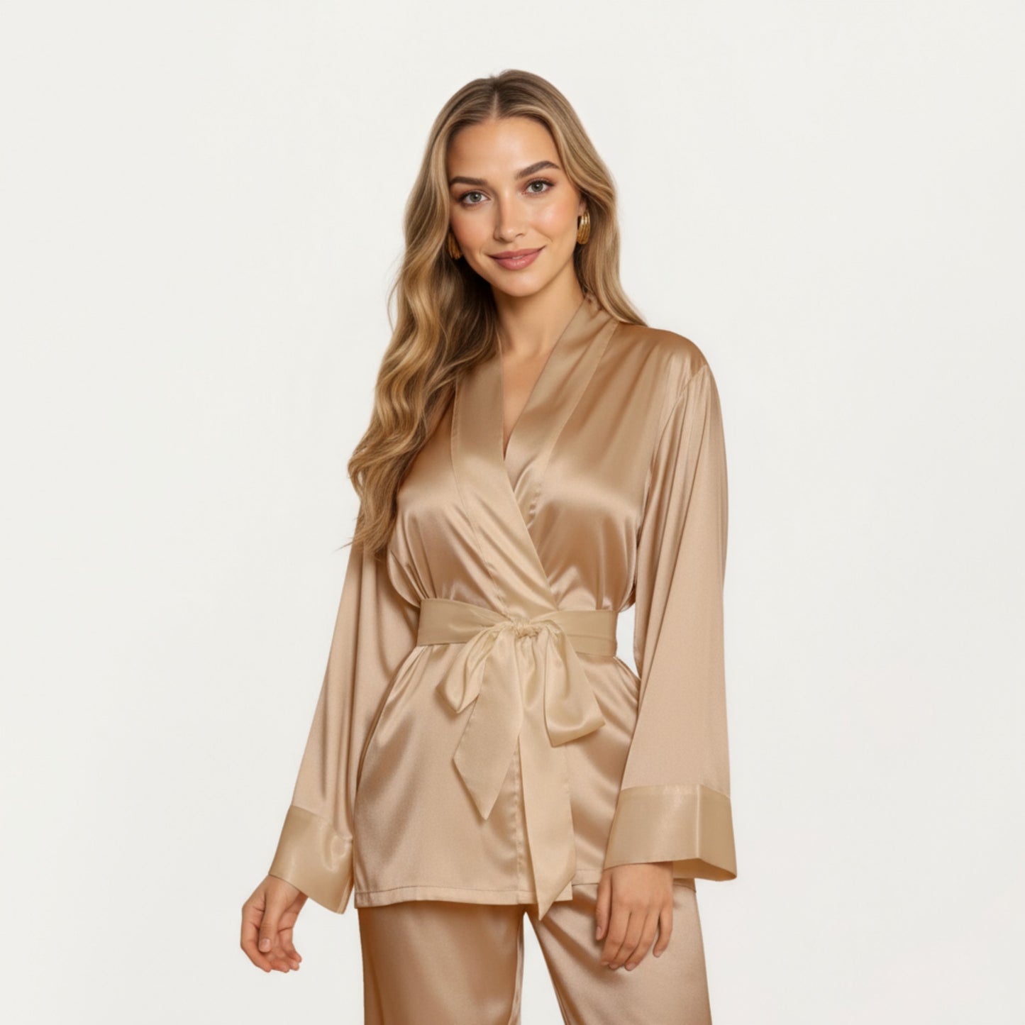 2-Piece Set Satin Wrap Top with Tie Waist and Matching Straight-Leg Pants