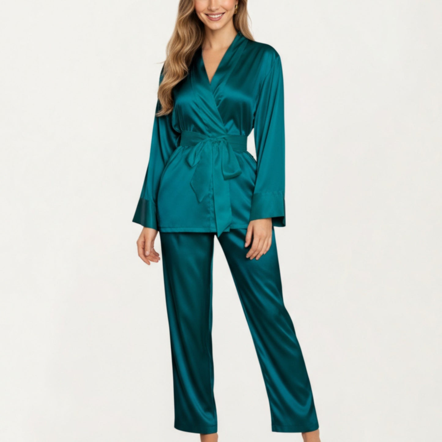 2-Piece Set Satin Wrap Top with Tie Waist and Matching Straight-Leg Pants