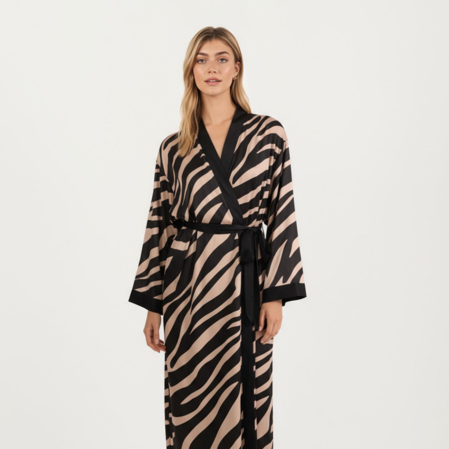 Long Satin Robe with Zebra Print Pattern and Tie Waist Belt