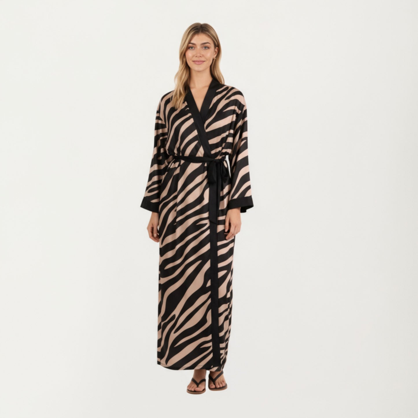 Long Satin Robe with Zebra Print Pattern and Tie Waist Belt