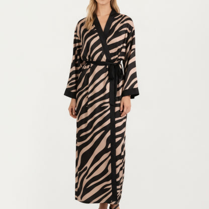 Long Satin Robe with Zebra Print Pattern and Tie Waist Belt