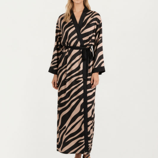 Long Satin Robe with Zebra Print Pattern and Tie Waist Belt