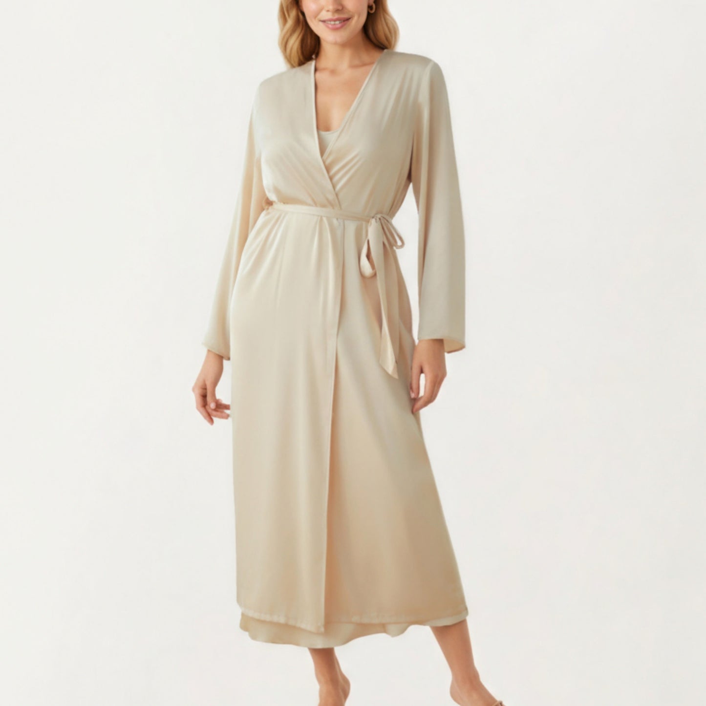 Long Satin Wrap Robe with Tie Waist and Relaxed Draped Sleeves