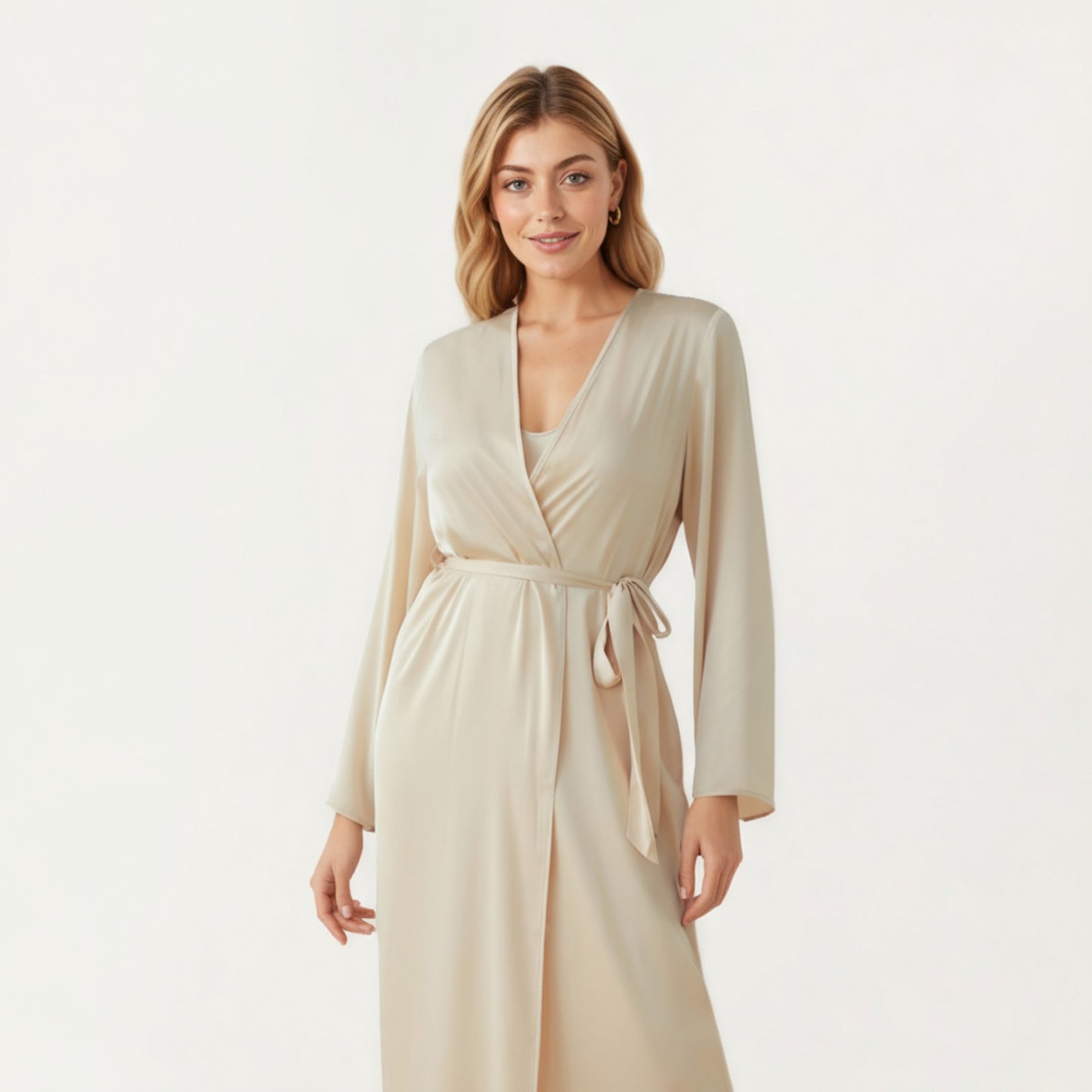 Long Satin Wrap Robe with Tie Waist and Relaxed Draped Sleeves