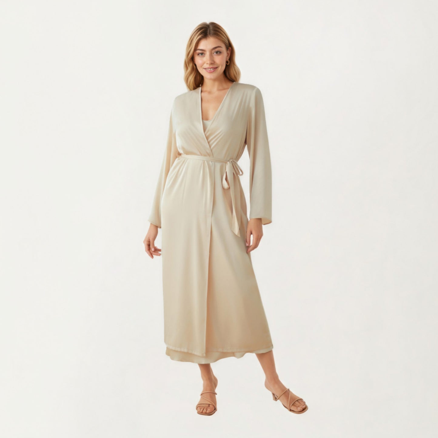 Long Satin Wrap Robe with Tie Waist and Relaxed Draped Sleeves
