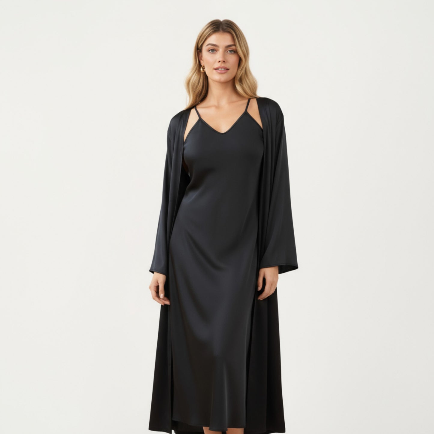 Long Satin Wrap Robe with Tie Waist and Relaxed Draped Sleeves