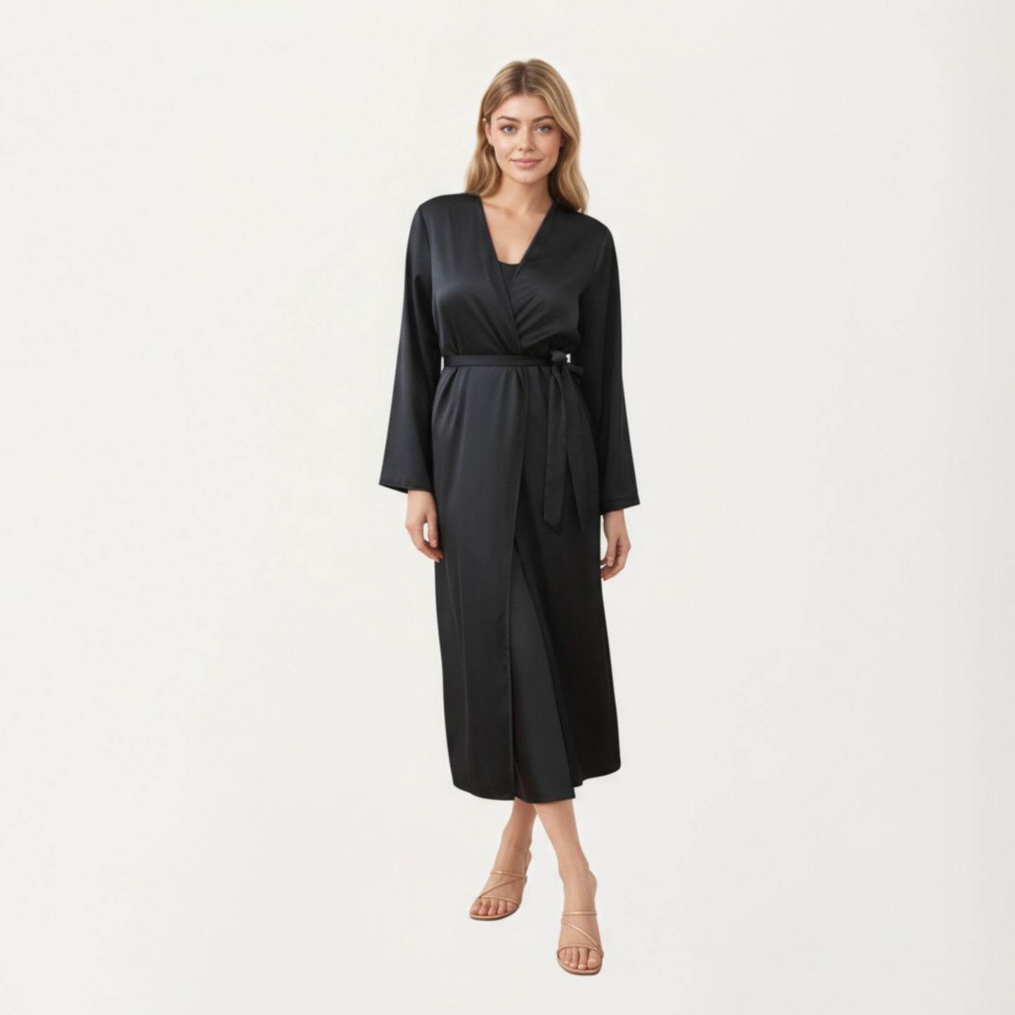 Long Satin Wrap Robe with Tie Waist and Relaxed Draped Sleeves