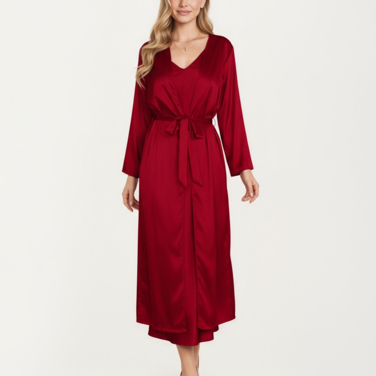Long Satin Wrap Robe with Tie Waist and Relaxed Draped Sleeves